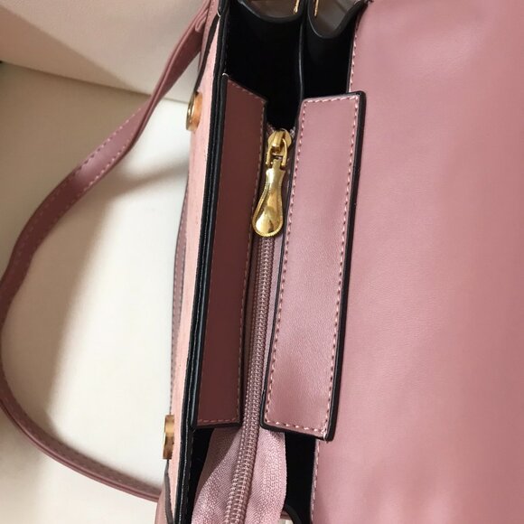 Pink Faux Suede and Faux Leather Crossbody Bag Purse Satchel with Top Handle - Picture 8 of 9